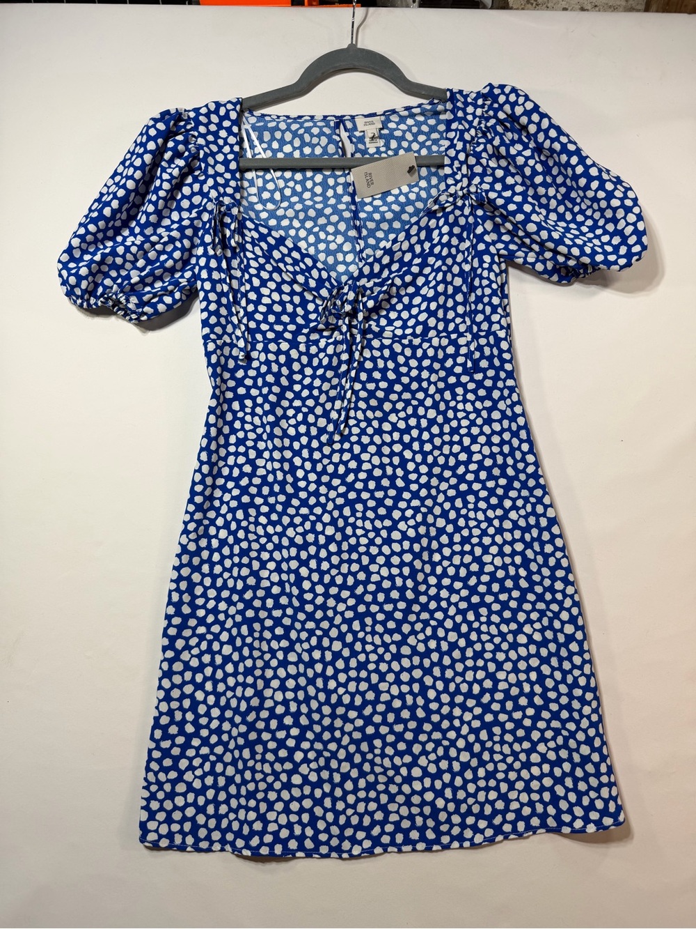 River Island NWT Size 10 Blue White Spot Puff Sleeve Mini Dress Tie Front